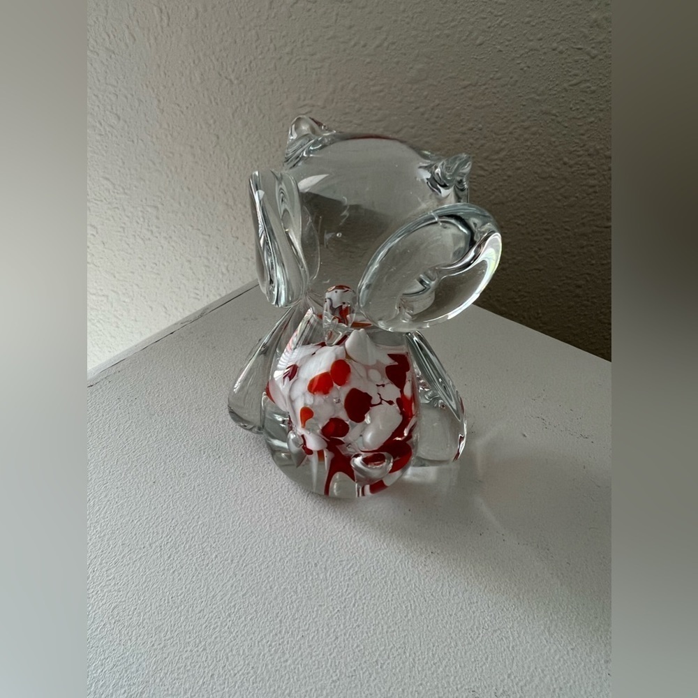 Art Glass Owl Figurine Paperweight Clear Orange White Spotted Chest | Handblown - Picture 3 of 8
